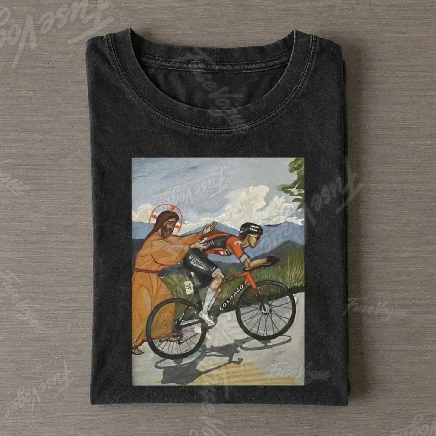 Jesus Gives Tadej Pogačar A Push Vintage Cycling Art Funny Tee - FUSEVOGUE
