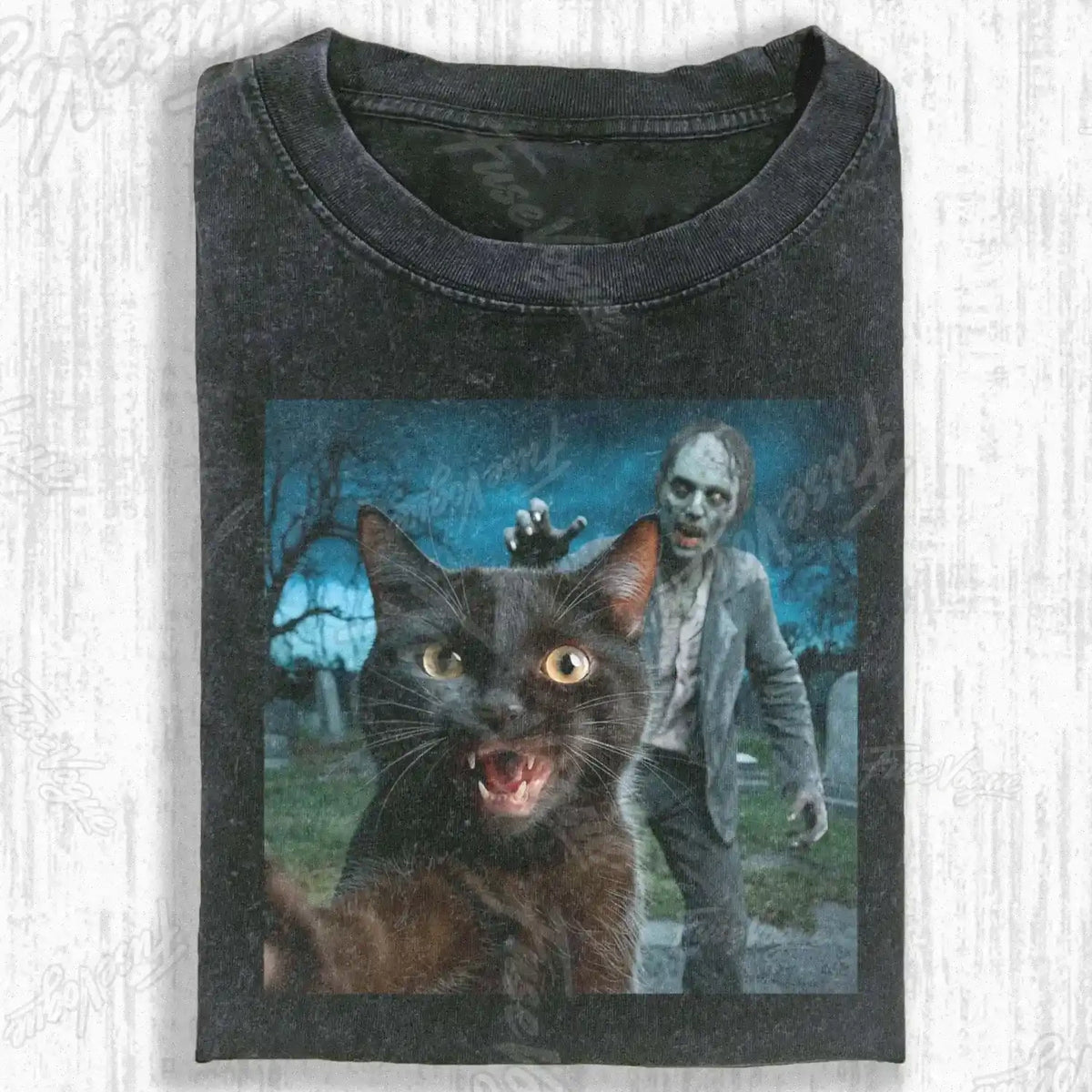 CAT AND ZOMBIE SELFIE FROM THE CEMETERY T-SHIRT - FUSEVOGUE