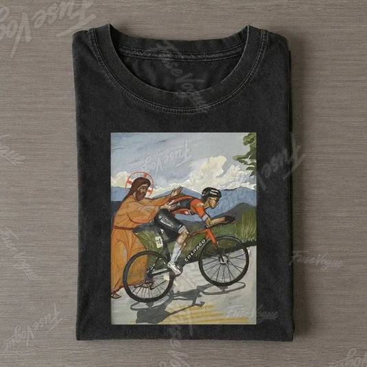 Jesus Gives Tadej Pogačar A Push Vintage Cycling Art Funny Tee - FUSEVOGUE