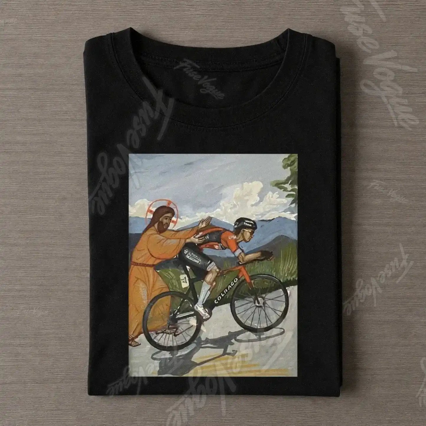 Jesus Gives Tadej Pogačar A Push Vintage Cycling Art Funny Tee - FUSEVOGUE