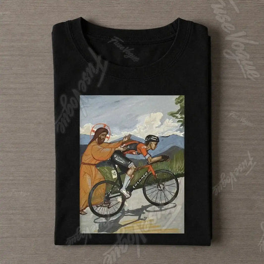 Jesus Gives Tadej Pogačar A Push Vintage Cycling Art Funny Tee - FUSEVOGUE