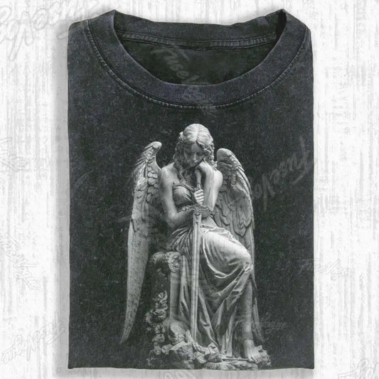 SWORD‑BEARING ANGEL STATUE T-SHIRT - FUSEVOGUE